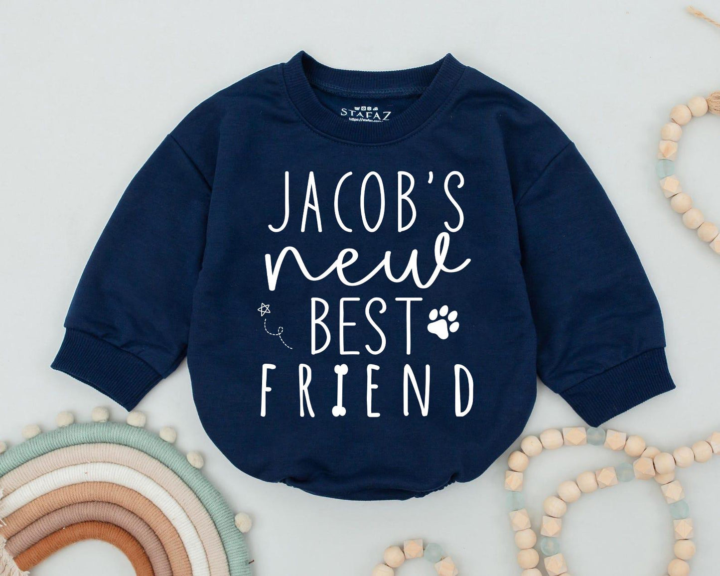 Jacob's New Best Friend Baby Bodysuit - Custom Dog Name Romper Infant Gift, Paw Print Design Newborn Outfit
