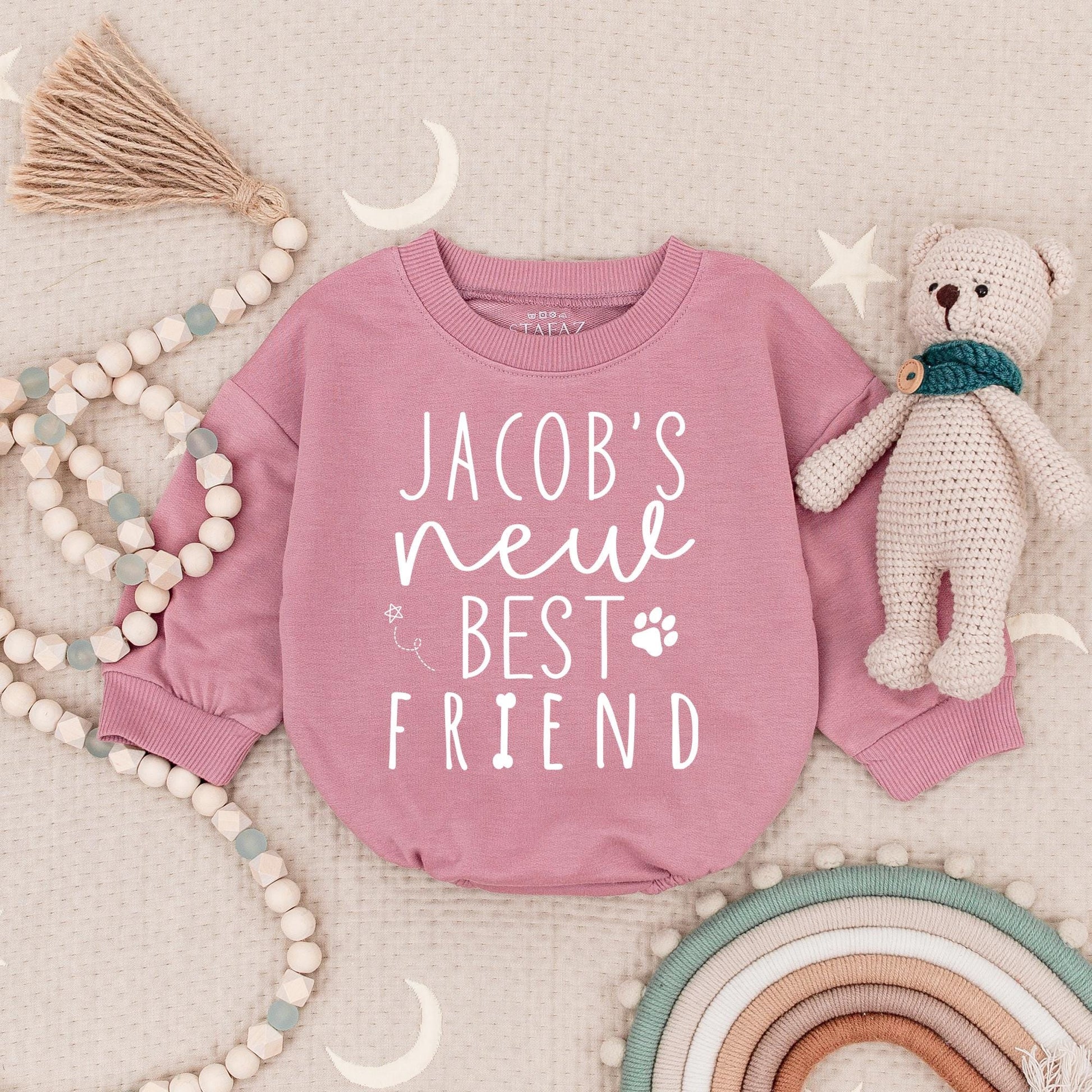 Jacob's New Best Friend Baby Bodysuit - Custom Dog Name Romper Infant Gift, Paw Print Design Newborn Outfit