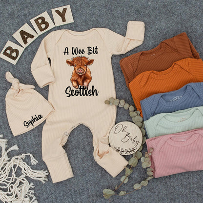 Scottish Baby Bodysuit & Hat Set: Cute Highland Cow Design, Funny Baby Gift, New Baby Announcement, Infant Outfit