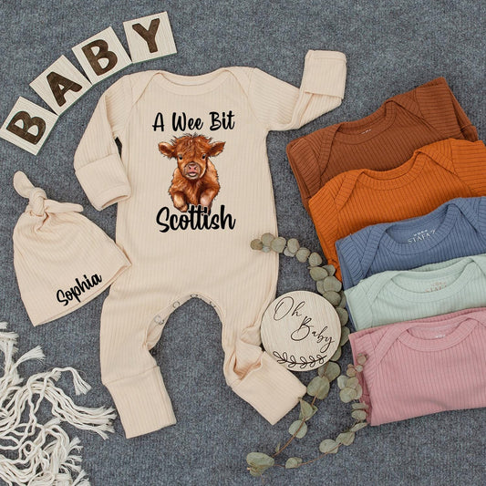 Scottish Baby Bodysuit & Hat Set: Cute Highland Cow Design, Funny Baby Gift, New Baby Announcement, Infant Outfit