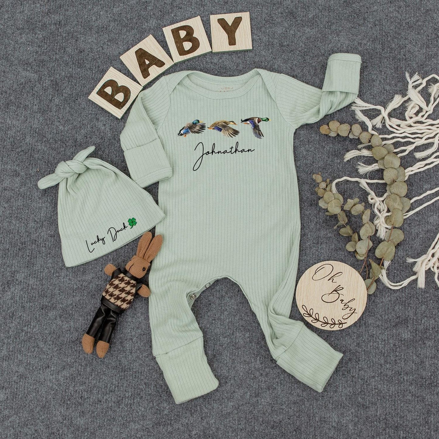 Personalized Mallard Duck Baby Bodysuit & Hat Lucky Duck Going Home Outfit Newborn Gift