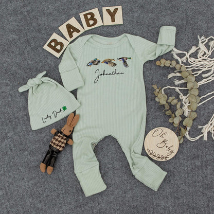 Personalized Mallard Duck Baby Bodysuit & Hat Lucky Duck Going Home Outfit Newborn Gift