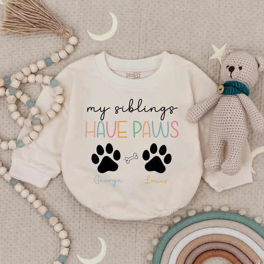 My Siblings Have Paws Personalized Baby Romper, Custom Dog Name Bodysuit for Little Pet Lovers, Cute Paw Print Baby Outfit, Adorable Dog Sibling Gift