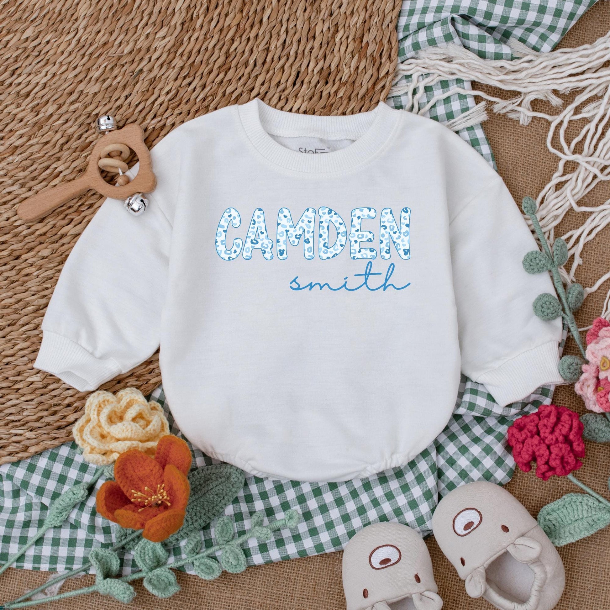 Custom Name Blue Leopard Baby Boy Romper, Personalized Newborn Gift, Baby Shower Outfit, Cute Boy Clothes, Coming Home Romper
