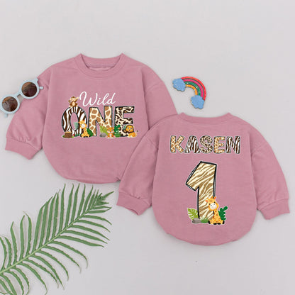 Wild One Safari Birthday Romper for Baby Boy Girl First Birthday Fun Cartoon Animals & Wild Patterns Celebrate 1 Year Old