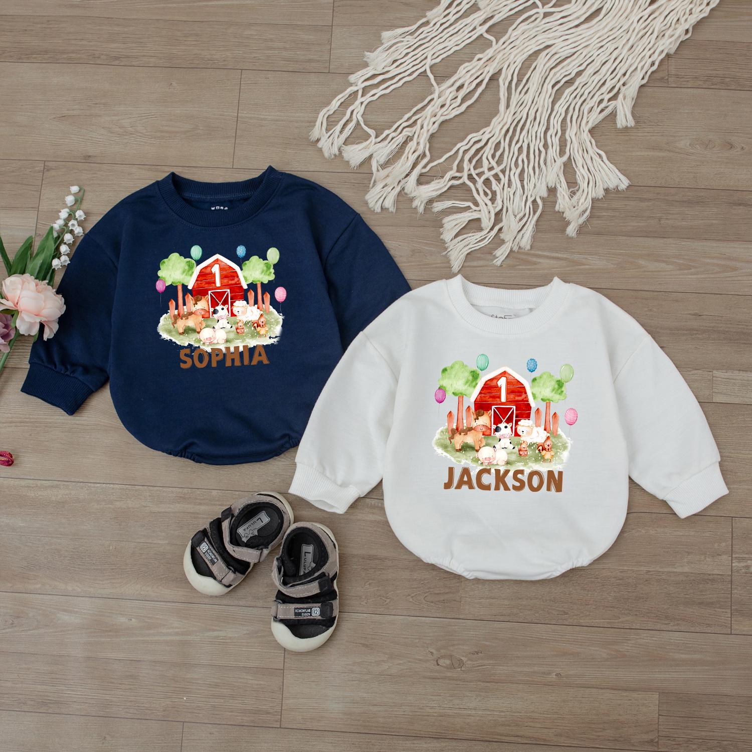 Personalized Farm Barnyard Birthday Romper Baby First 1st Birthday Outfit Animal Bodysuit for Infant Boy Girl Soft Cotton Comfortable Gift