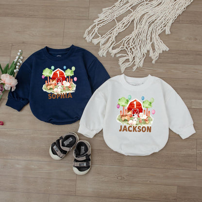 Personalized Farm Barnyard Birthday Romper Baby First 1st Birthday Outfit Animal Bodysuit for Infant Boy Girl Soft Cotton Comfortable Gift