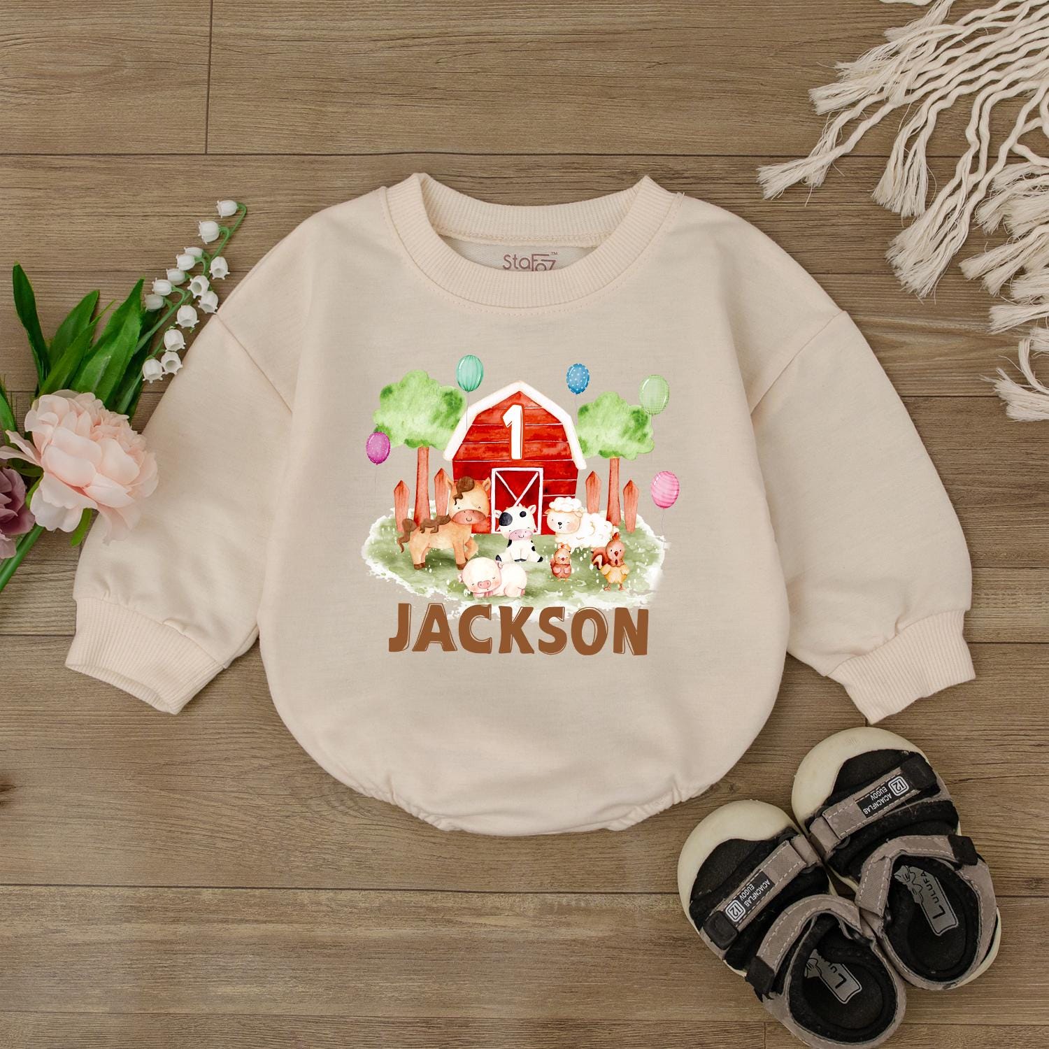 Personalized Farm Barnyard Birthday Romper Baby First 1st Birthday Outfit Animal Bodysuit for Infant Boy Girl Soft Cotton Comfortable Gift
