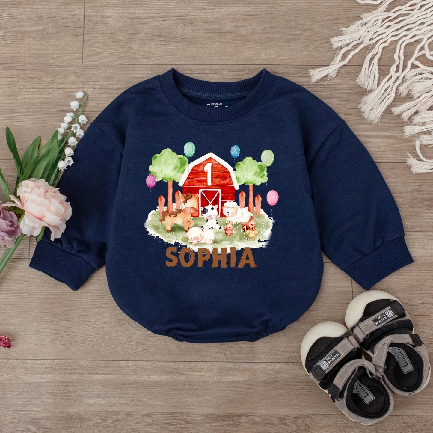 Personalized Farm Barnyard Birthday Romper Baby First 1st Birthday Outfit Animal Bodysuit for Infant Boy Girl Soft Cotton Comfortable Gift