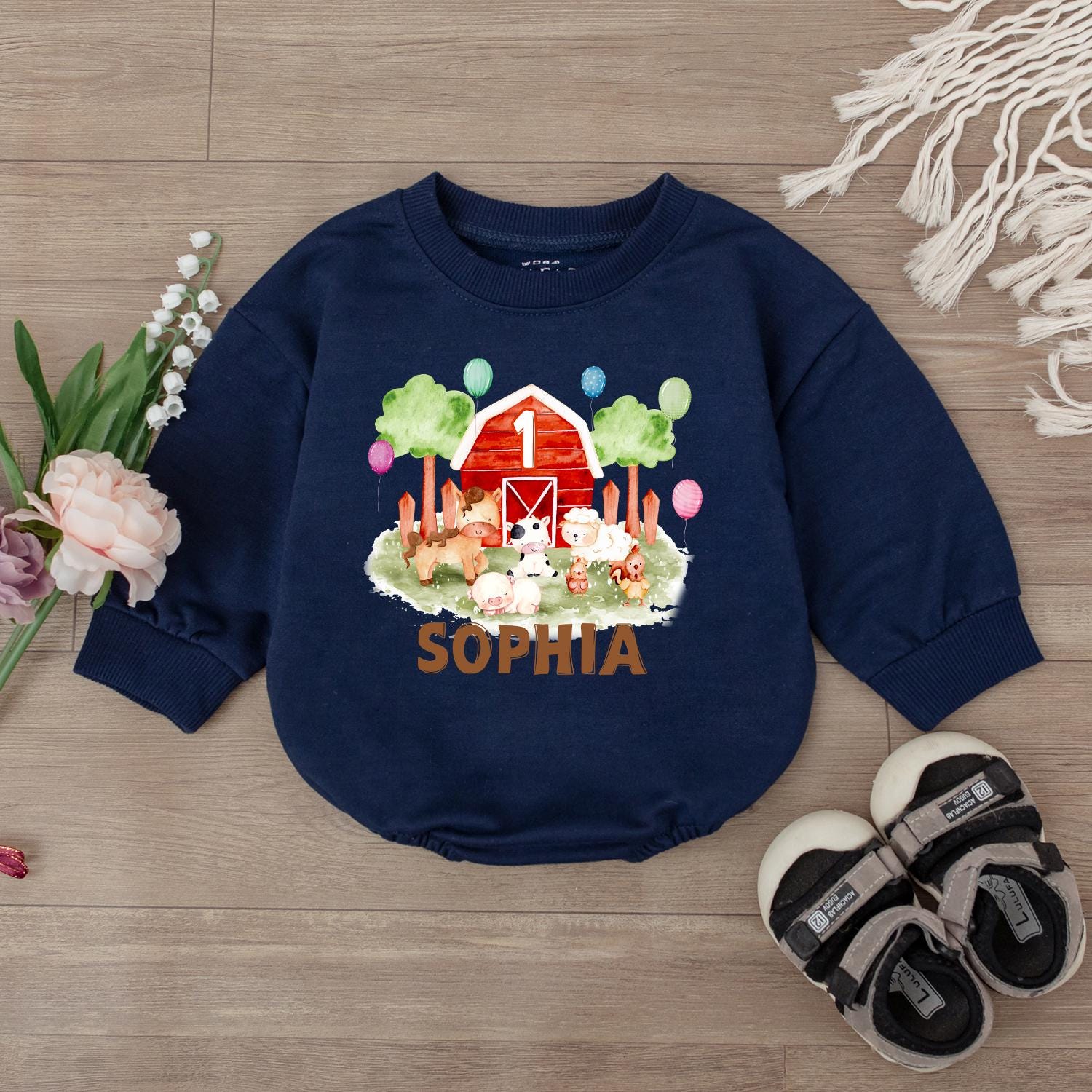Personalized Farm Barnyard Birthday Romper Baby First 1st Birthday Outfit Animal Bodysuit for Infant Boy Girl Soft Cotton Comfortable Gift
