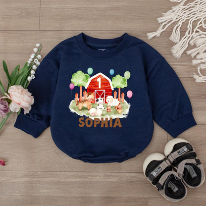 Personalized Farm Barnyard Birthday Romper Baby First 1st Birthday Outfit Animal Bodysuit for Infant Boy Girl Soft Cotton Comfortable Gift