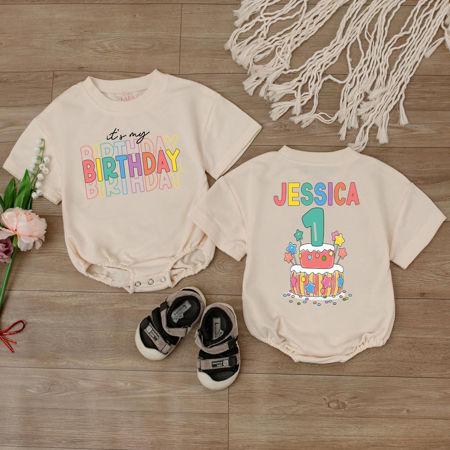 Personalized 1st Birthday Romper It's My Birthday Outfit for Baby Boy Girl with Colorful Cake Design Toddler Bodysuit Gift