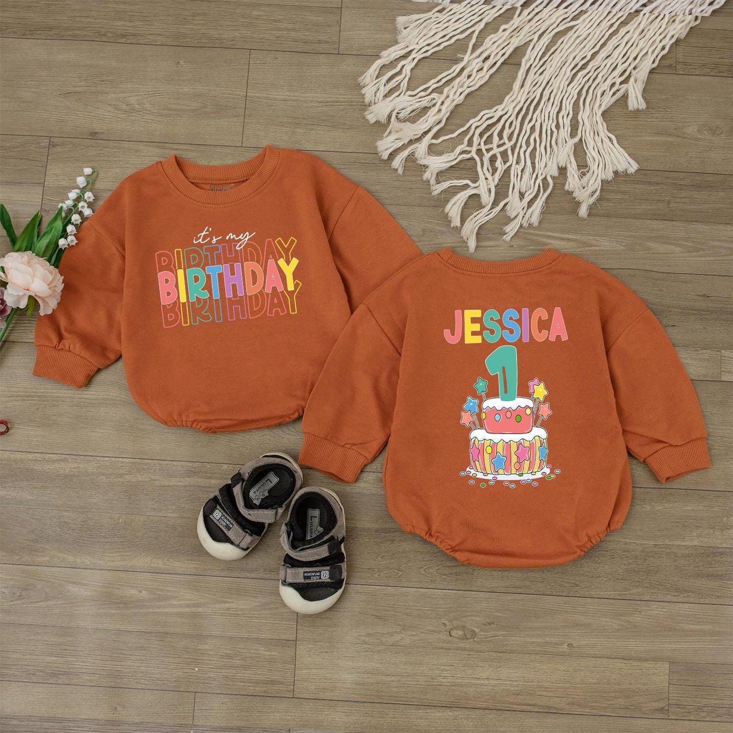 Personalized First Birthday Cake Design Baby Romper Custom Name Outfit for 1st Celebration, Colorful Infant Bodysuit Gift
