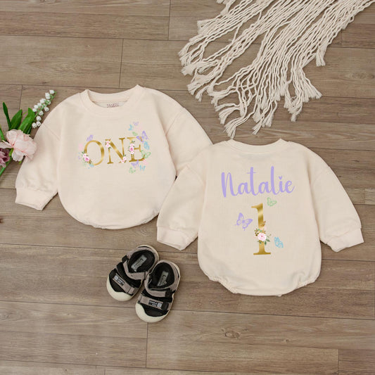 Personalized Floral First Birthday Romper for Baby Girl, Custom Name Butterfly Outfit, 1st Birthday Clothes, Baby Shower Gift