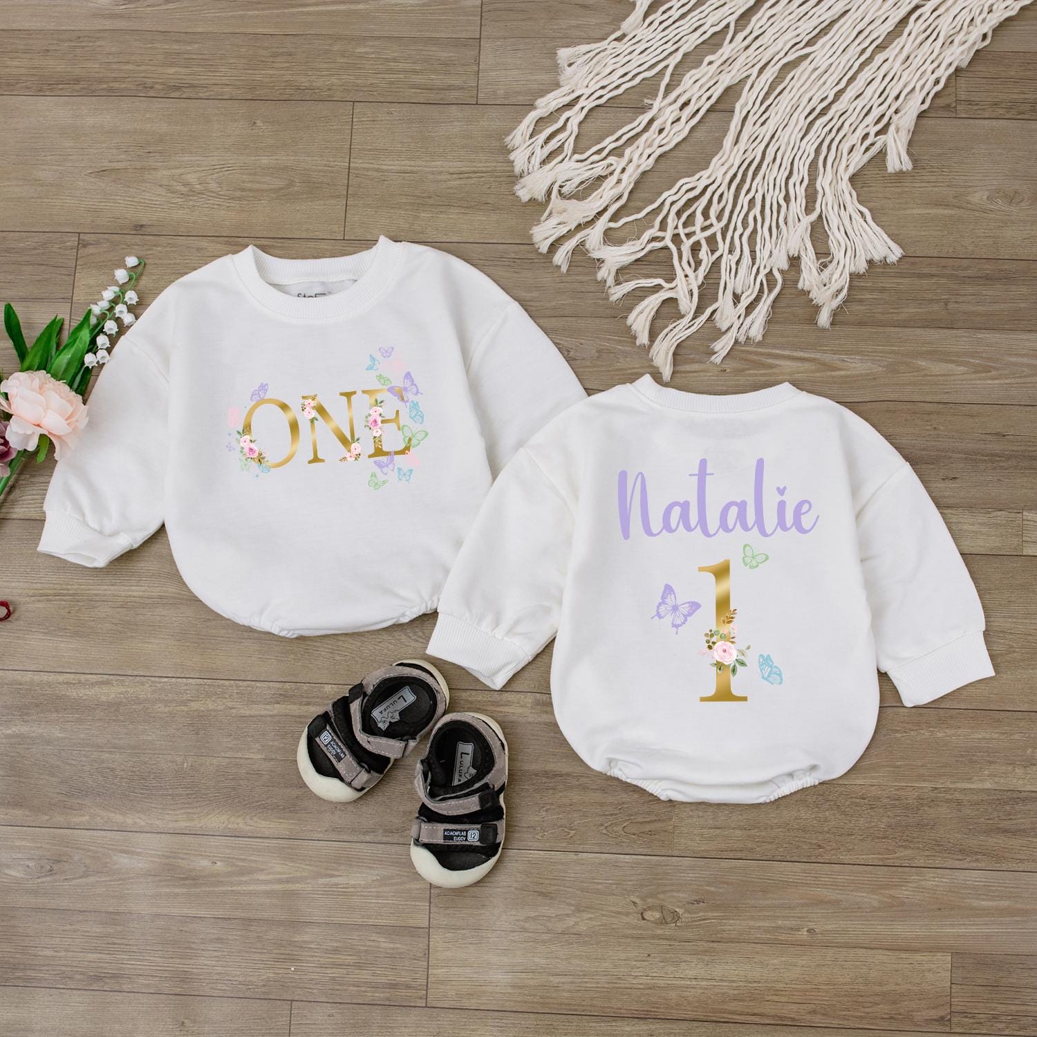 Personalized Floral First Birthday Romper for Baby Girl, Custom Name Butterfly Outfit, 1st Birthday Clothes, Baby Shower Gift