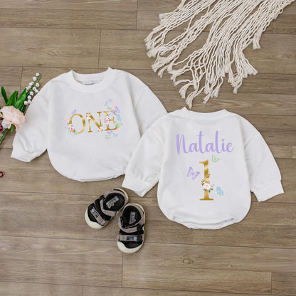 Personalized Floral First Birthday Romper for Baby Girl, Custom Name Butterfly Outfit, 1st Birthday Clothes, Baby Shower Gift