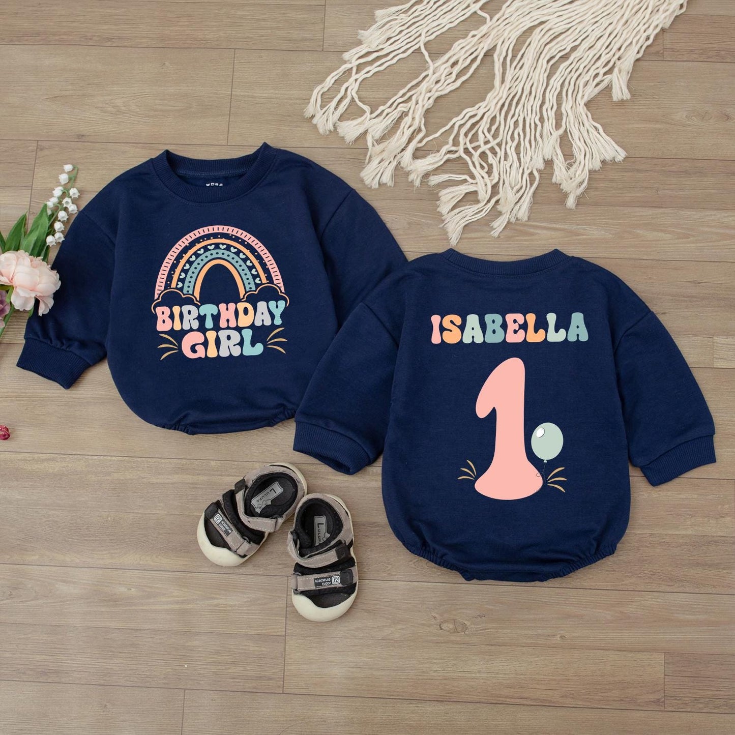 Boho Rainbow First Birthday Romper Custom Name Baby Girl Clothes Retro Outfit Gift 1 Year Old Celebration Outfit