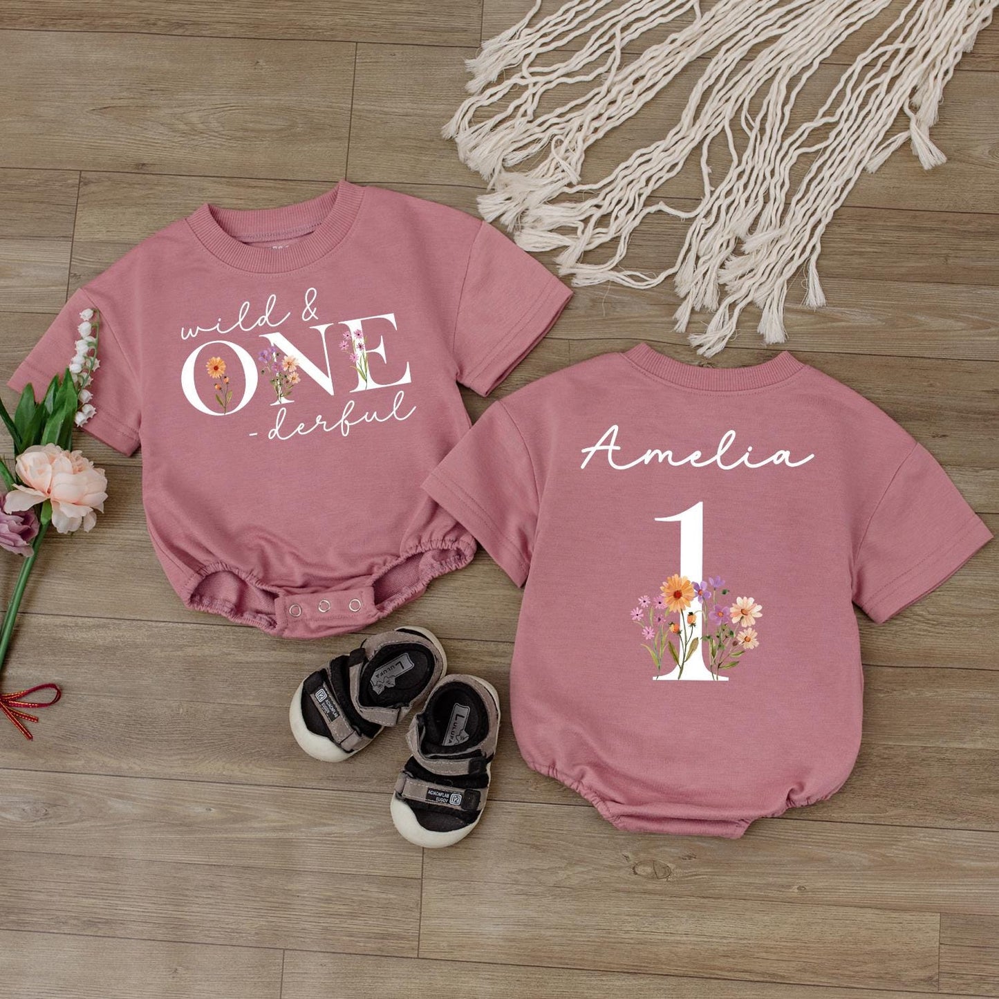 Wild One Boho Floral Romper Custom Name 1st Birthday Girl Outfit Rustic Baby Celebration Clothes