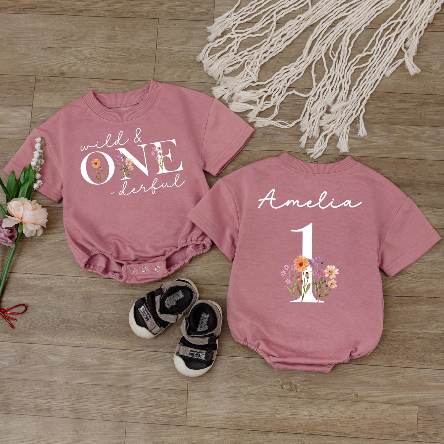 Wild One Boho Floral Romper Custom Name 1st Birthday Girl Outfit Rustic Baby Celebration Clothes