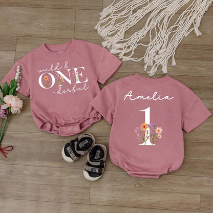 Wild One Boho Floral Romper Custom Name 1st Birthday Girl Outfit Rustic Baby Celebration Clothes