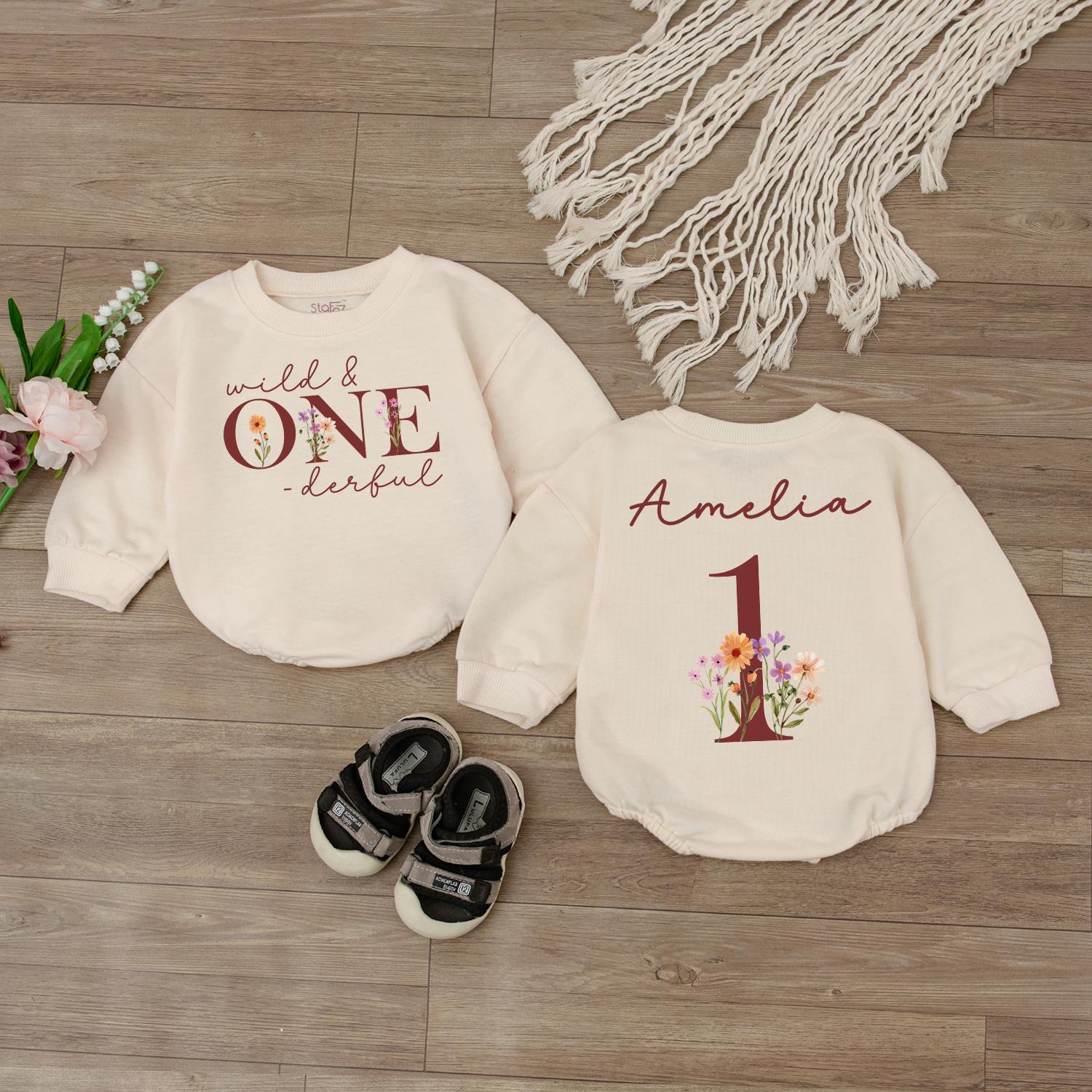 Personalized Boho Floral 1st Birthday Girl Romper | Custom Name Baby Bodysuit | Rustic Outfit