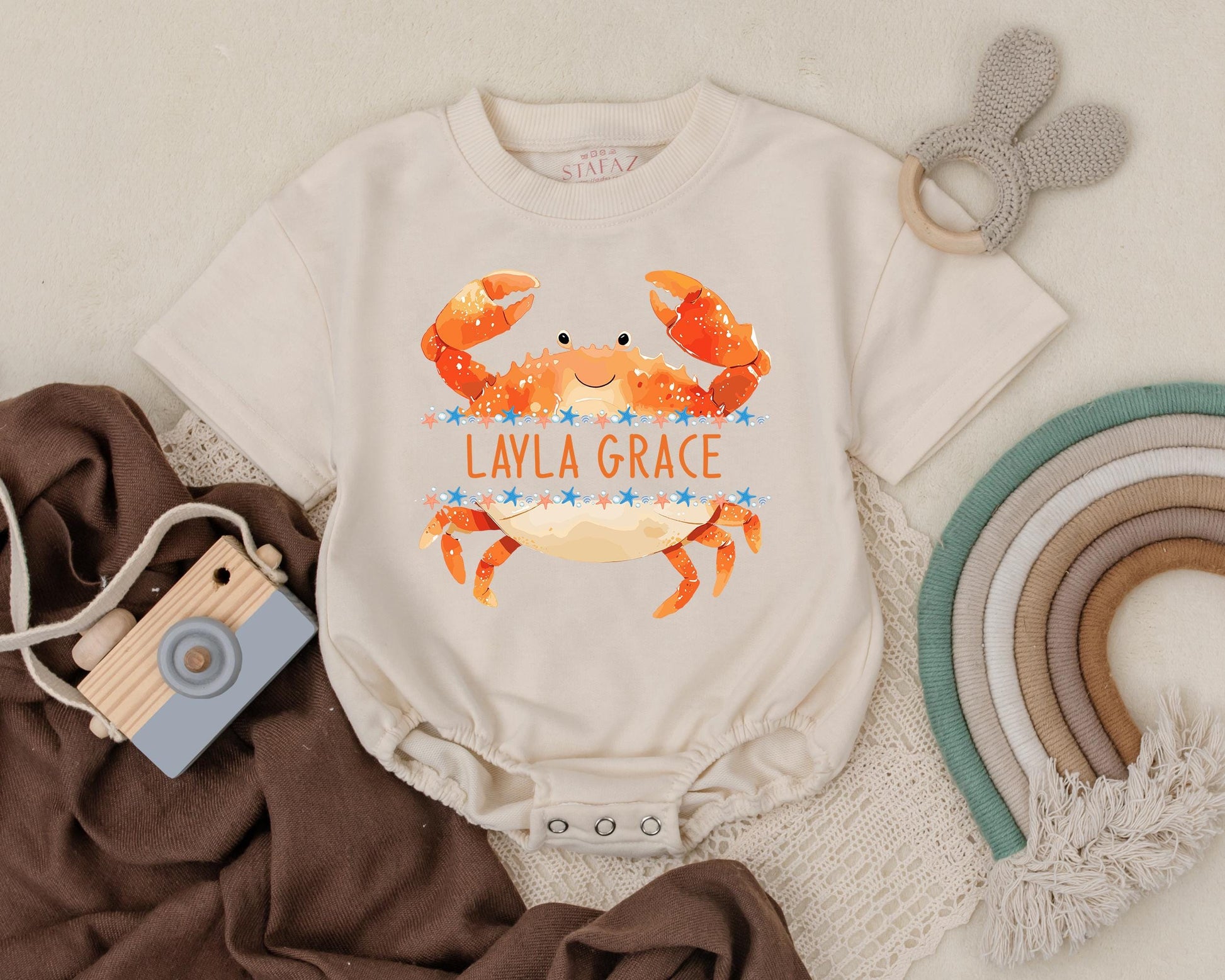 Personalized Crab Baby Bubble Romper Cute Ocean Outfit Custom Name Beachwear Nautical Newborn Clothes Coastal Baby Gift