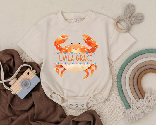 Personalized Crab Baby Bubble Romper Cute Ocean Outfit Custom Name Beachwear Nautical Newborn Clothes Coastal Baby Gift