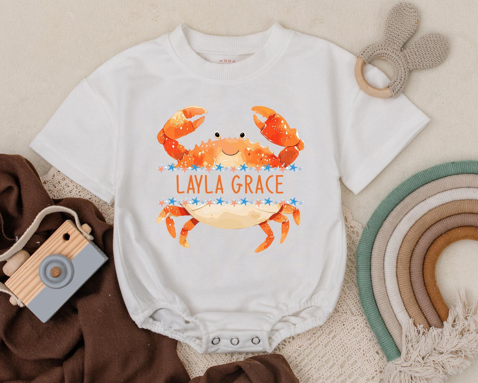 Personalized Crab Baby Bubble Romper Cute Ocean Outfit Custom Name Beachwear Nautical Newborn Clothes Coastal Baby Gift