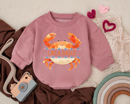 Personalized Crab Baby Bubble Romper Cute Ocean Outfit Custom Name Beachwear Nautical Newborn Clothes Coastal Baby Gift