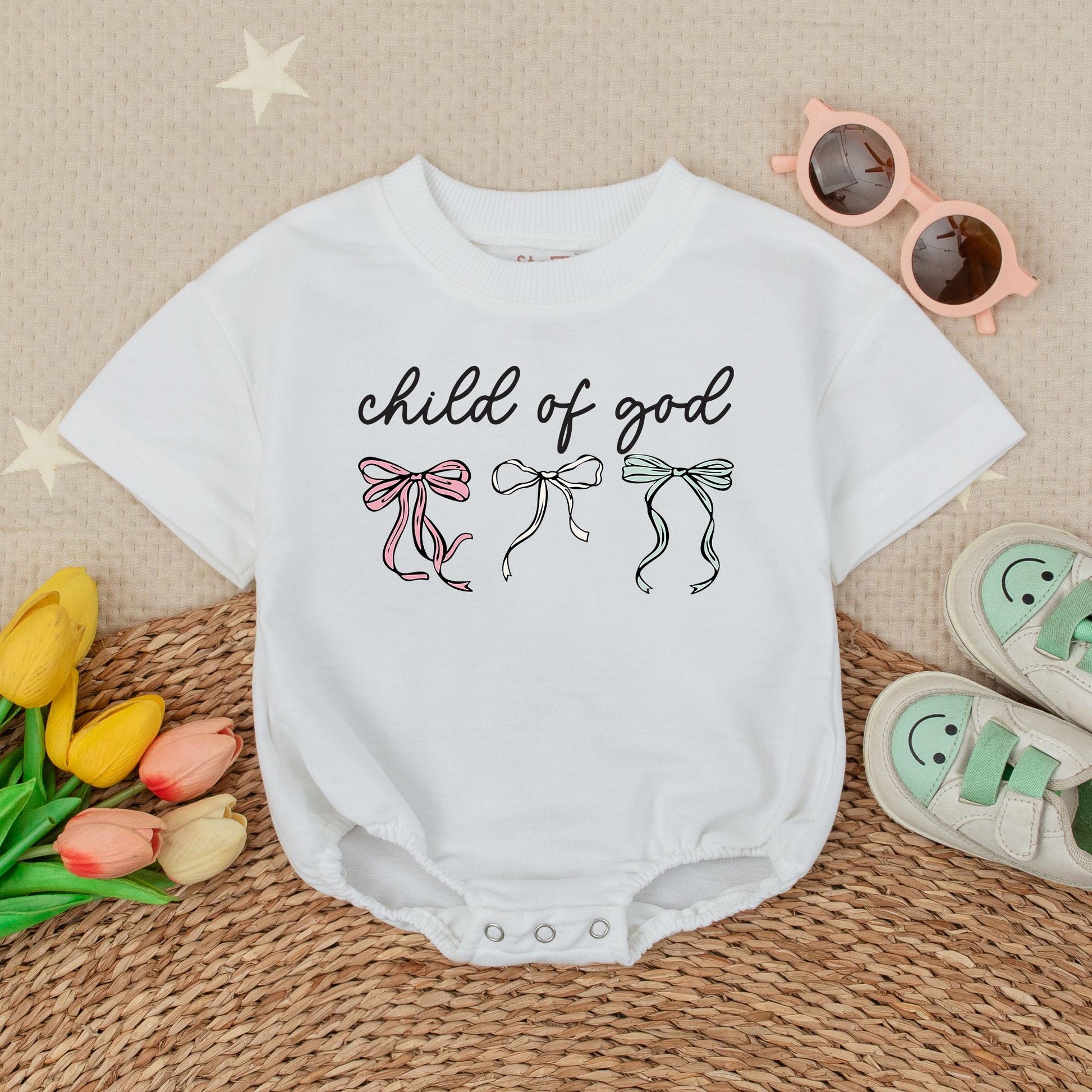 Child of God Baby Romper Short Sleeves Faith Religious Bodysuit Newborn Bow Gift Baby Shower Present