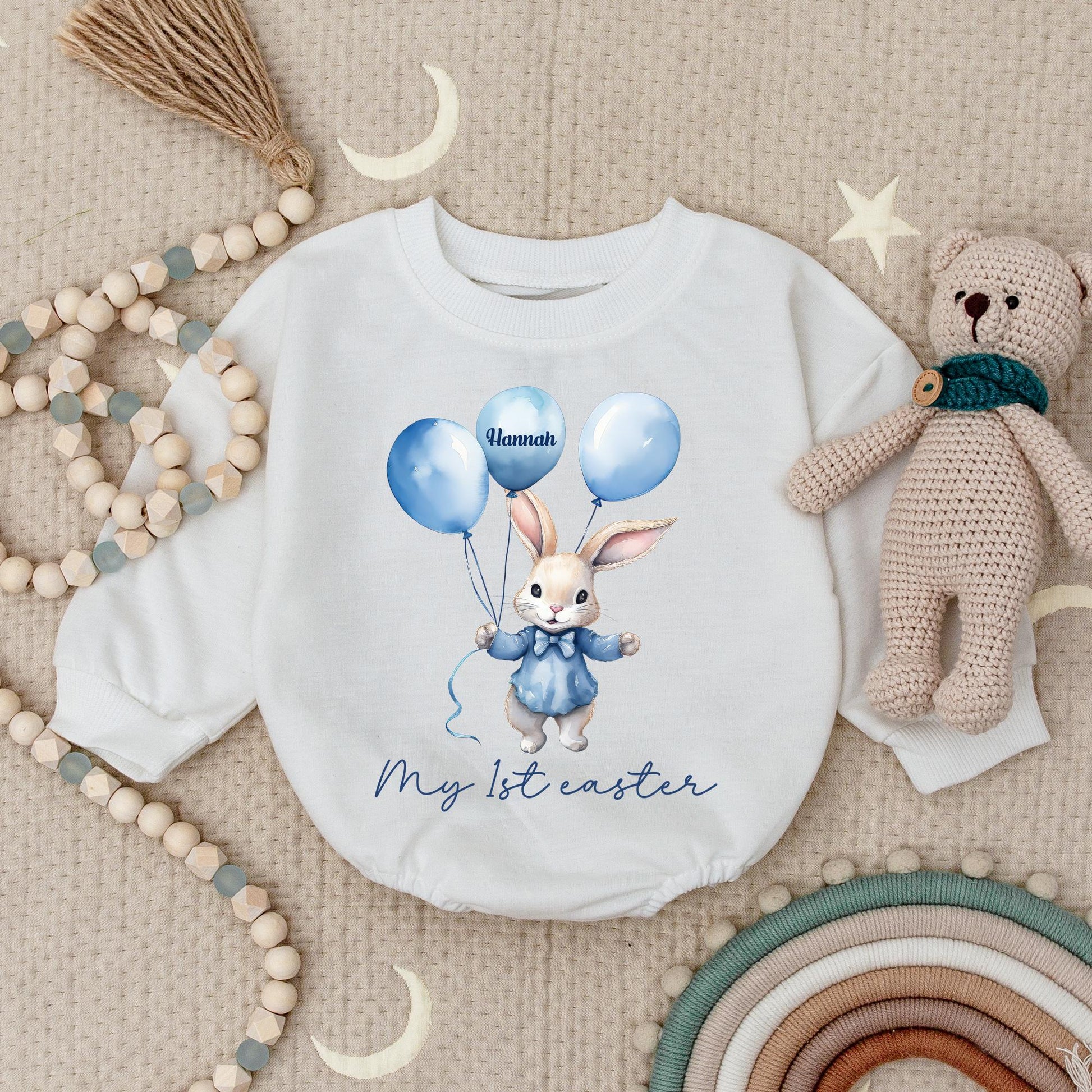 My First Easter Baby Romper Personalized Bunny Rabbit Watercolor Design Blue Suit Balloons Hannah Name Sweet Whimsical Baby Girl Boy Gift Outfit