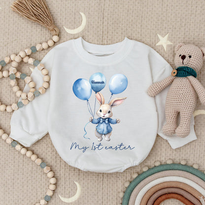 My First Easter Baby Romper Personalized Bunny Rabbit Watercolor Design Blue Suit Balloons Hannah Name Sweet Whimsical Baby Girl Boy Gift Outfit