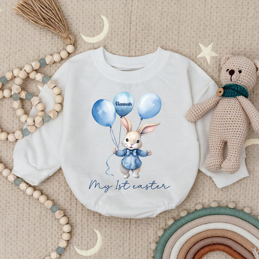 My First Easter Baby Romper Personalized Bunny Rabbit Watercolor Design Blue Suit Balloons Hannah Name Sweet Whimsical Baby Girl Boy Gift Outfit
