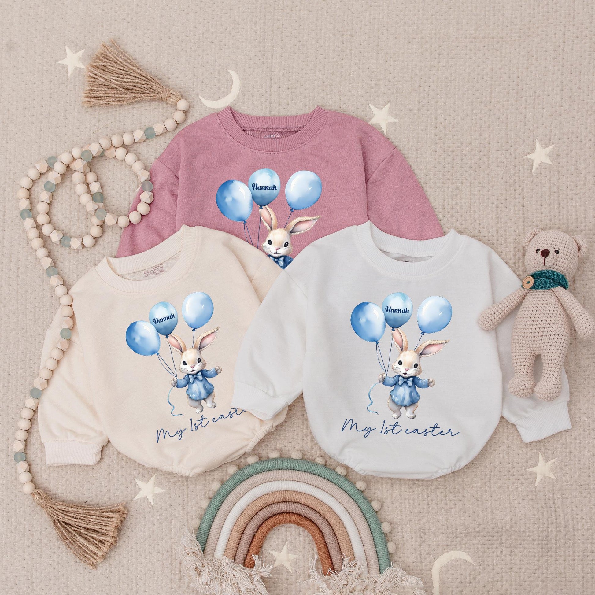 My First Easter Baby Romper Personalized Bunny Rabbit Watercolor Design Blue Suit Balloons Hannah Name Sweet Whimsical Baby Girl Boy Gift Outfit