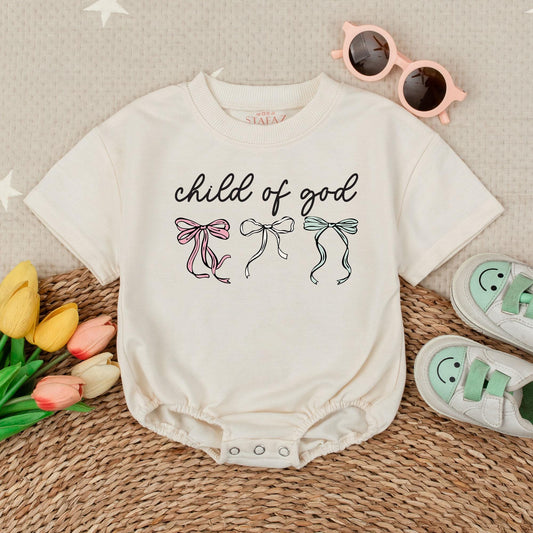Child of God Baby Romper Short Sleeves Faith Religious Bodysuit Newborn Bow Gift Baby Shower Present