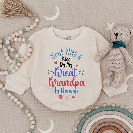 Sent With A Kiss Bodysuit From My Great Grandpa In Heaven, Sweet Baby Shower Memorial Gift, Pink Hearts and Angel Wings, Custom Baby Bodysuit, Infant Bodysuit