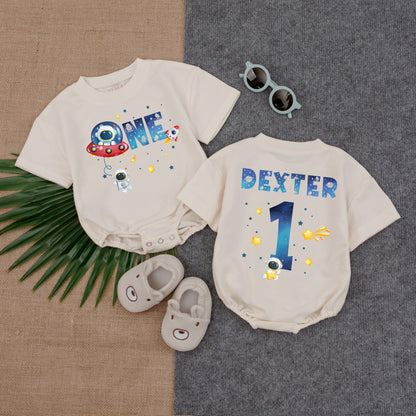 Custom Boy Astronaut T-Shirt Bubble Romper for Space First Birthday First Trip Around The Sun Minimalist Baby Clothes