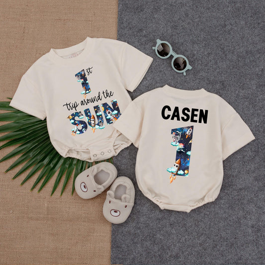 Outer Space First Birthday Bubble Romper for Boy, Blast Off One Year Trip Around Sun Rocket Ship Party Outfit Gift