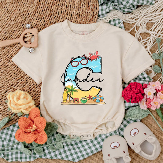 Personalized Beach Baby Romper Summer Bodysuit, Adventure Bubble Romper, Custom Name Coastal Baby Shower Gift for Baby Girl or Boy