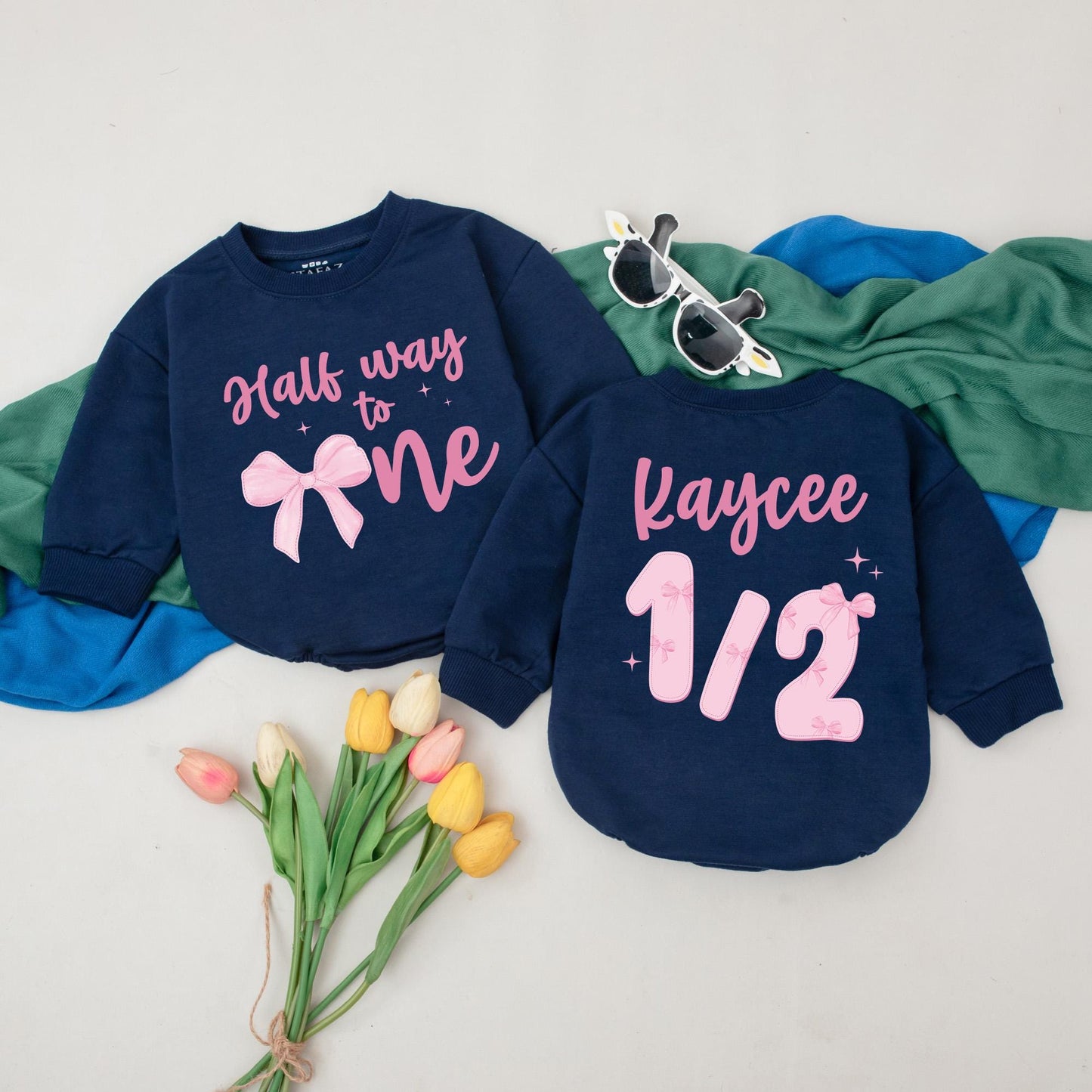 Personalized Half Way To One Romper for Baby Girls Pink Bow 6 Months Birthday Outfit Custom Name Gift for Newborns and Baby Showers