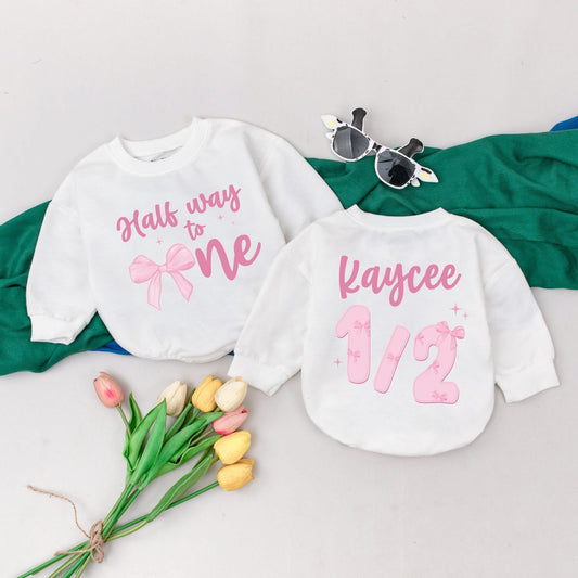 Personalized Half Way To One Romper for Baby Girls Pink Bow 6 Months Birthday Outfit Custom Name Gift for Newborns and Baby Showers