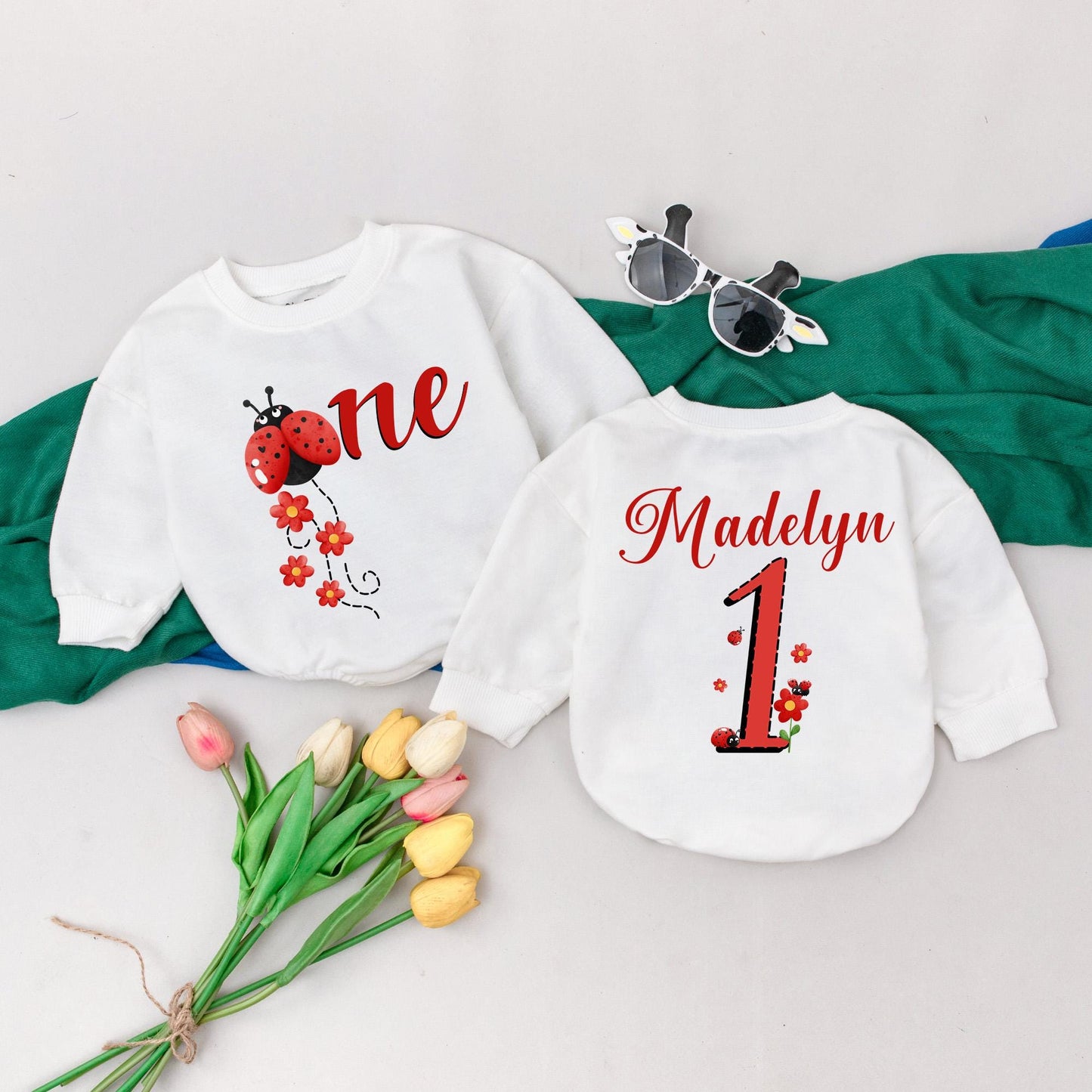 Personalized Ladybug First Birthday Girl Romper with Name Red Floral Baby Bodysuit Adorable Bug Party Celebration Gift