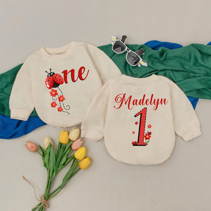 Personalized Ladybug First Birthday Girl Romper with Name Red Floral Baby Bodysuit Adorable Bug Party Celebration Gift