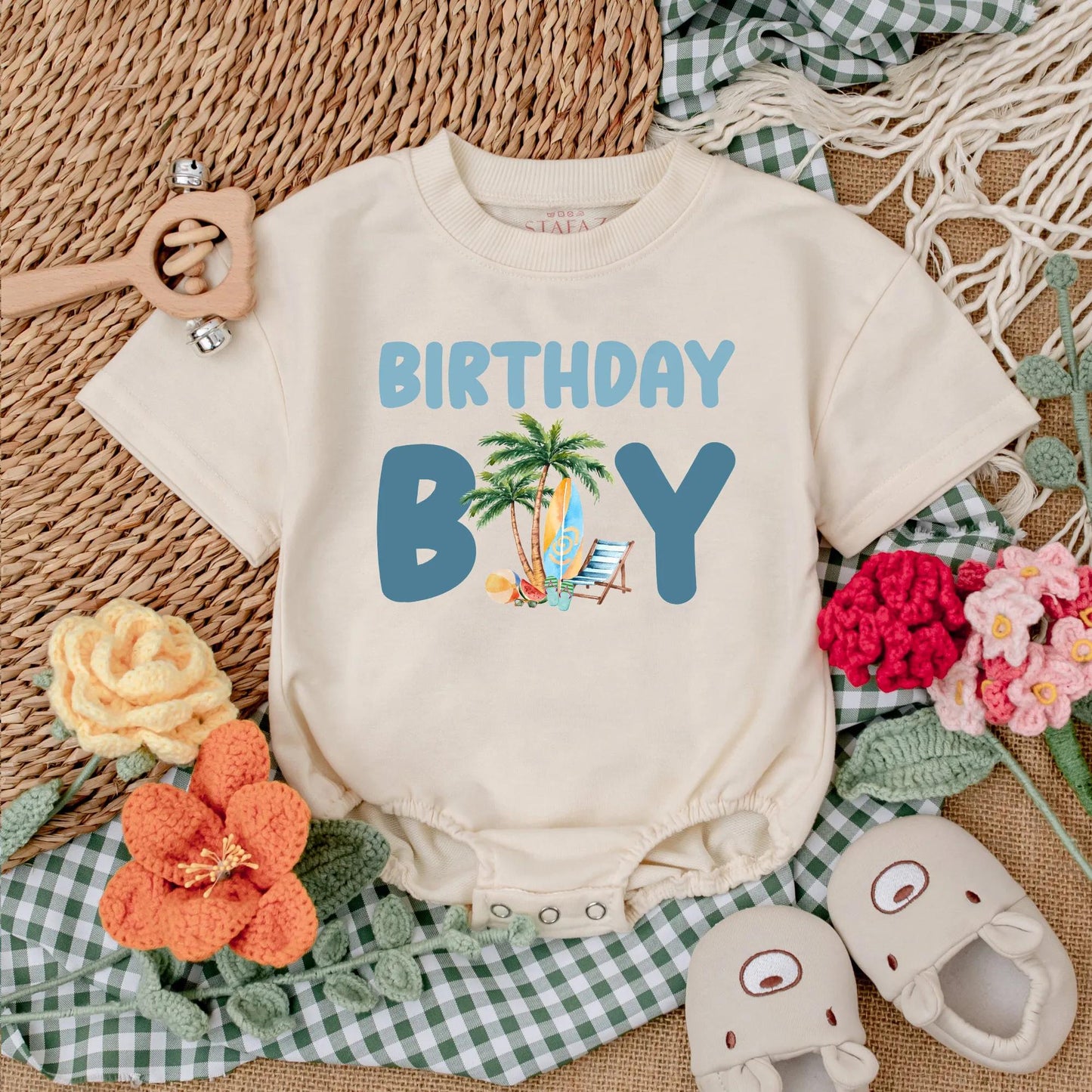 Personalized Surf's Up First Birthday Boy Romper, Beach Party Bodysuit, Custom Name, Ocean Theme Cake Smash Outfit, Summer Baby, Coastal Gift (139 chars)