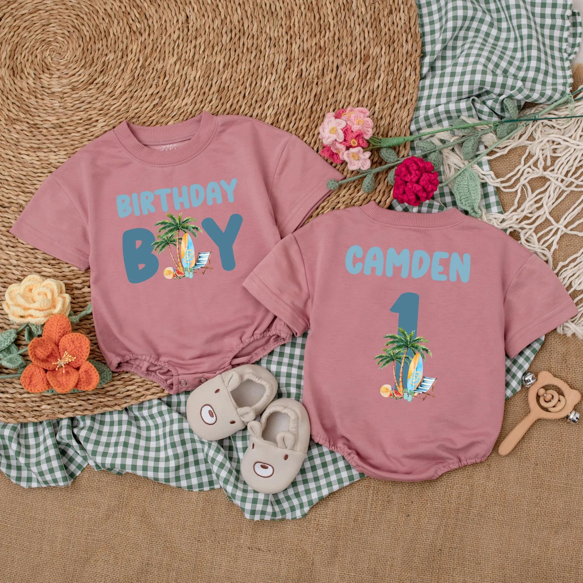 Personalized Surf's Up First Birthday Boy Romper, Beach Party Bodysuit, Custom Name, Ocean Theme Cake Smash Outfit, Summer Baby, Coastal Gift (139 chars)