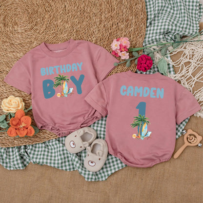 Personalized Surf's Up First Birthday Boy Romper, Beach Party Bodysuit, Custom Name, Ocean Theme Cake Smash Outfit, Summer Baby, Coastal Gift (139 chars)