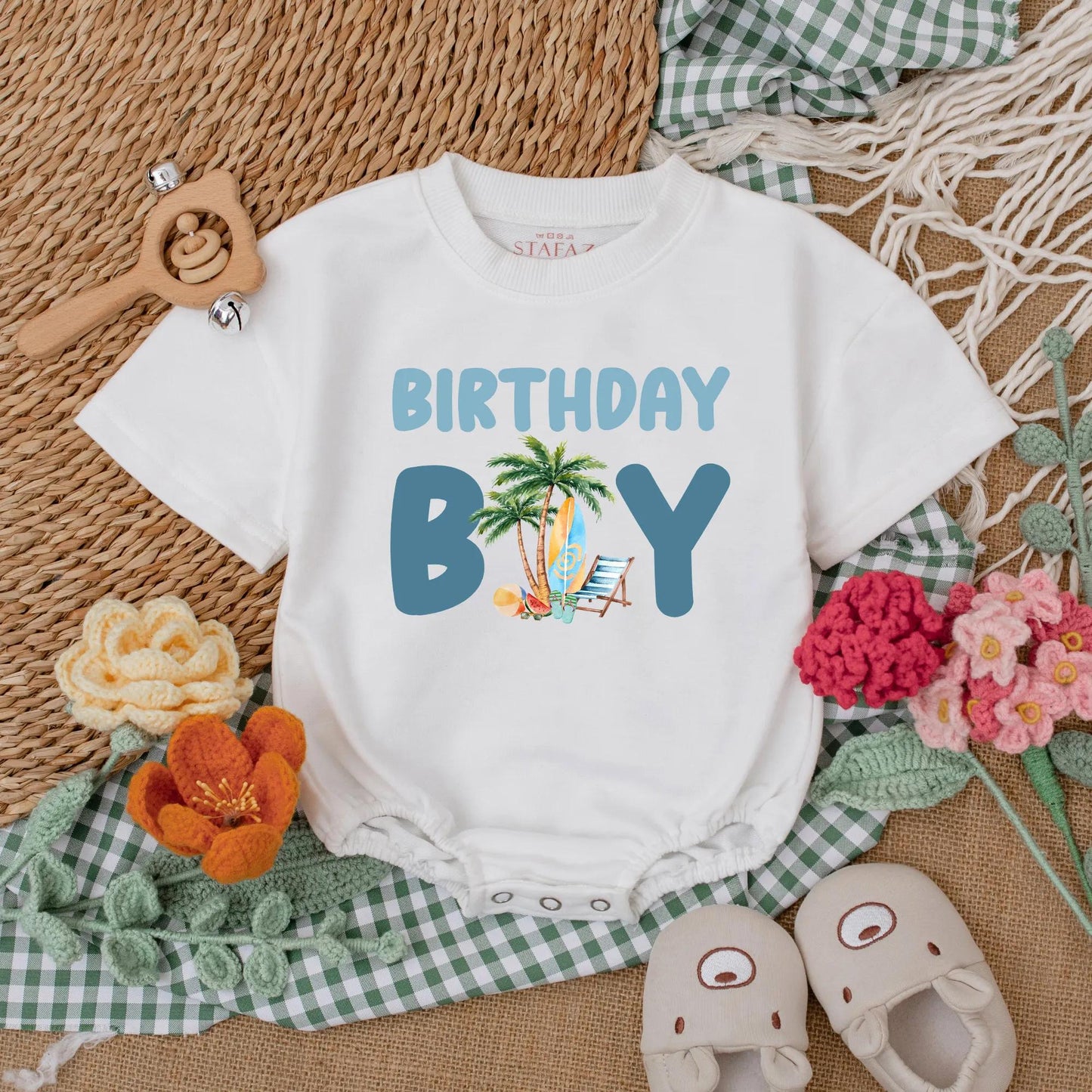 Personalized Surf's Up First Birthday Boy Romper, Beach Party Bodysuit, Custom Name, Ocean Theme Cake Smash Outfit, Summer Baby, Coastal Gift (139 chars)