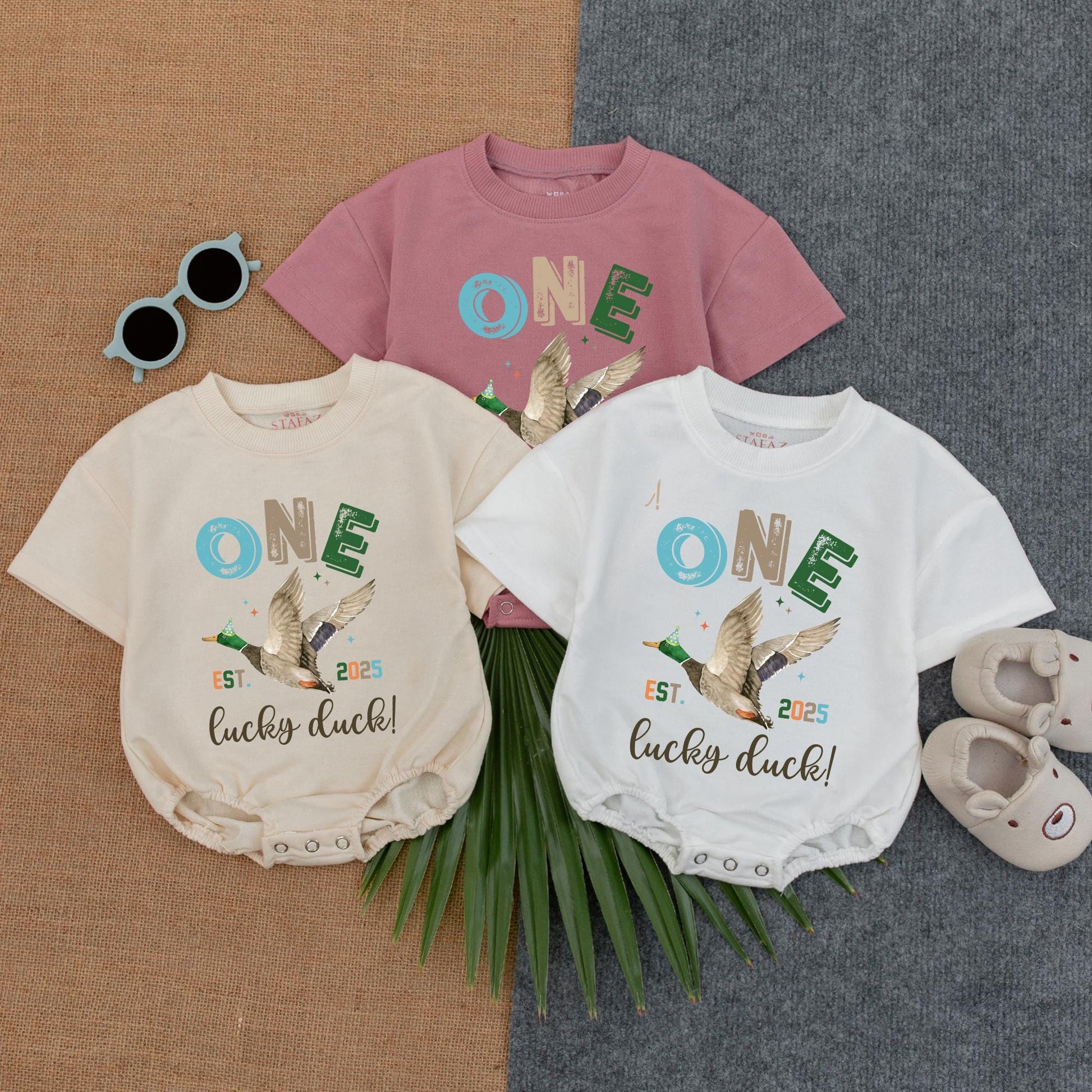 Personalized One Lucky Duck Baby Romper, 1st Birthday Bodysuit, Mallard Duck Gift for Baby Boy or Girl, Duckling Theme