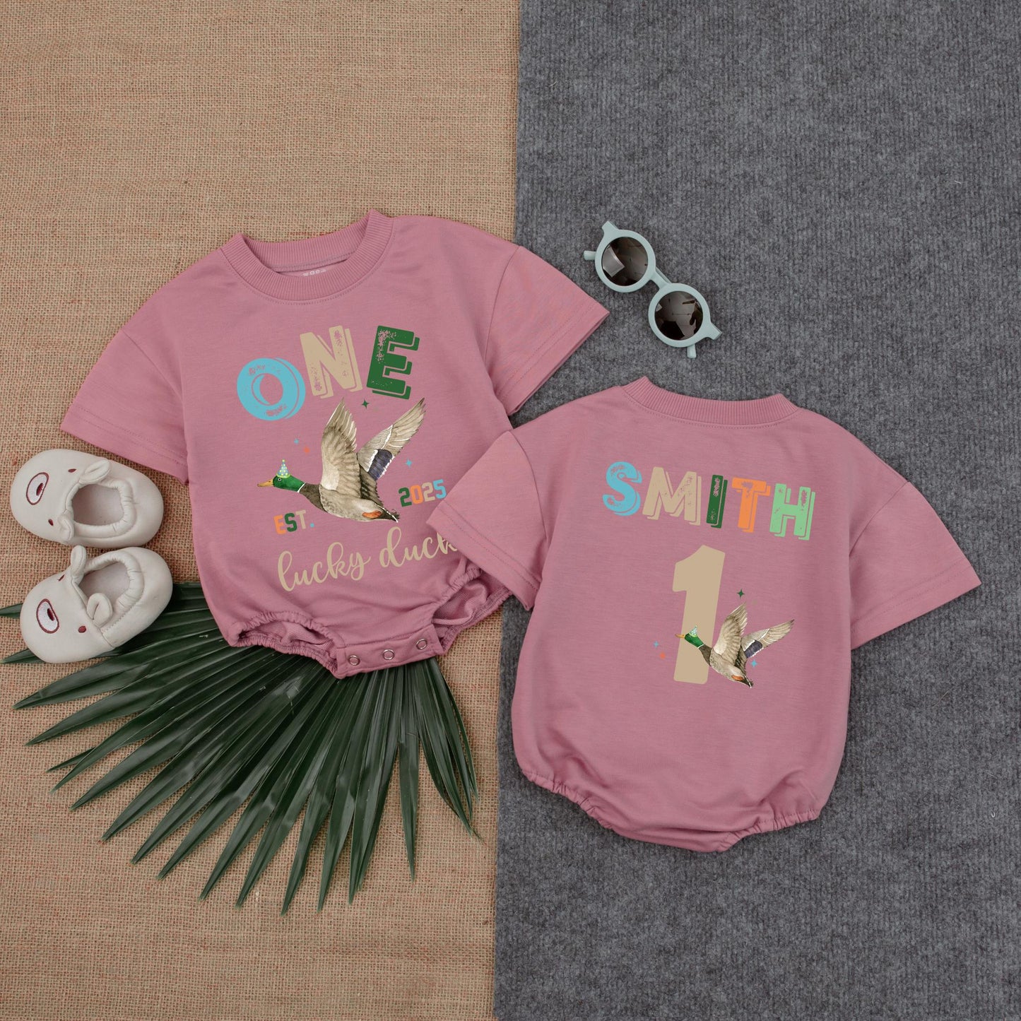 Personalized One Lucky Duck Baby Romper, 1st Birthday Bodysuit, Mallard Duck Gift for Baby Boy or Girl, Duckling Theme