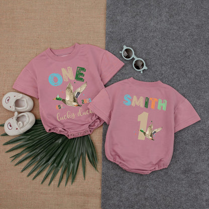 Personalized One Lucky Duck Baby Romper, 1st Birthday Bodysuit, Mallard Duck Gift for Baby Boy or Girl, Duckling Theme